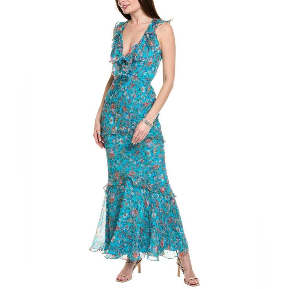 SALONI Rita Ruffle V-Neck Maxi Dress Blue Floral 100% Silk Size 4